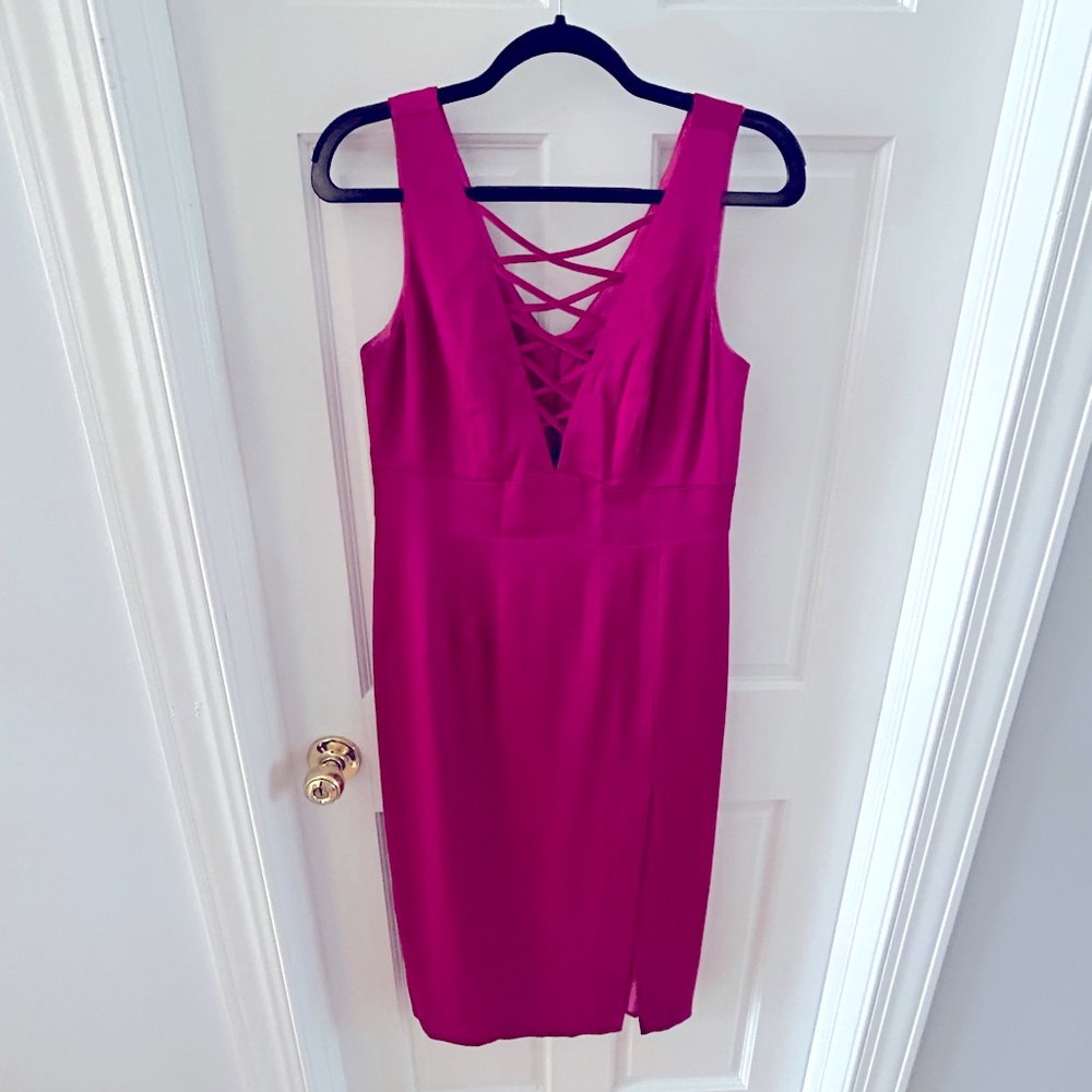 Sz 10 Hot pick/fuchsia/ purple satin cocktail dress w/ slit & lace up detail